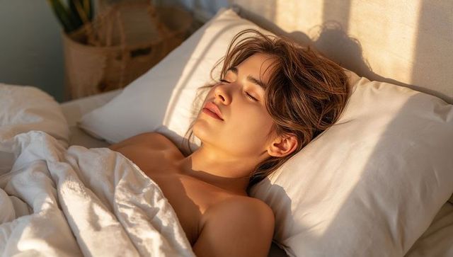 Young woman resting in warm morning sunlight on white bedding with woven basket plant