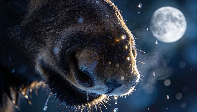 Moonlit horse muzzle breathing misty steam with frosty whiskers dripping moonlit droplets