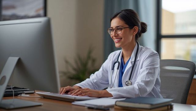 Smiling female physician working at computer in modern clinic office for telemedicine