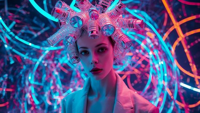 Futuristic Model with Metallic Hair Rollers in Neon Abstract Setting