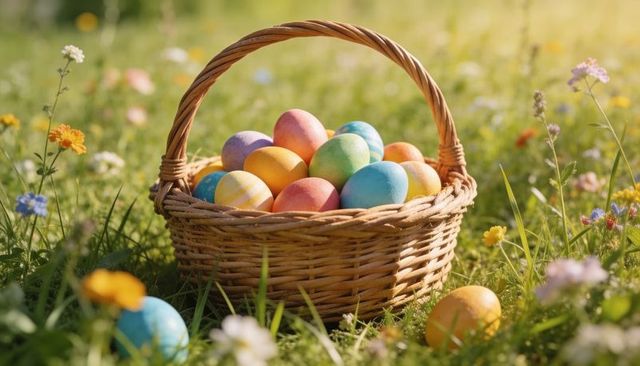 Pastel easter eggs resting in wicker basket on sunlit wildflower meadow for spring decor