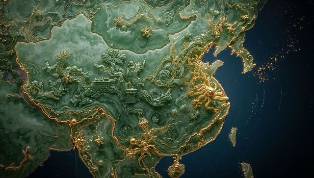 Ornate jade relief map of china with gold accents