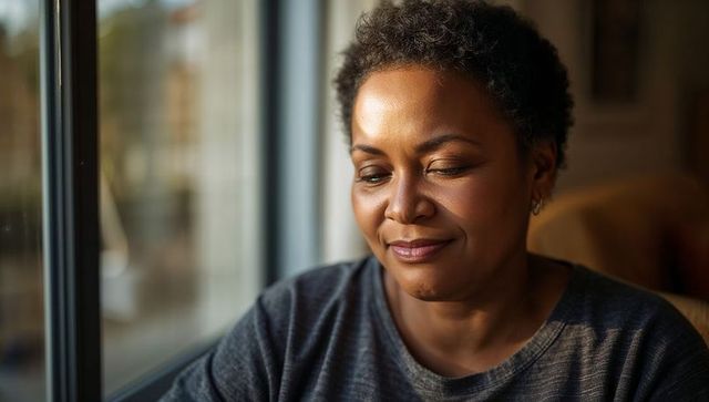 Serene midlife woman sitting by sunlit window wearing gray sweater and hoop earrings
