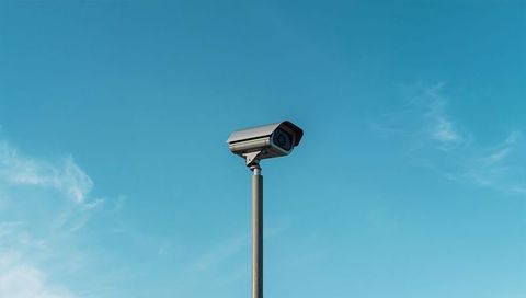 Surveillance camera monitoring clear blue sky on tall pole minimalist outdoor security