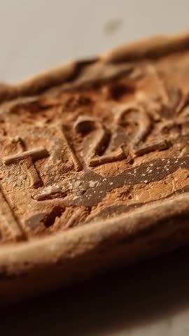 Vertical slow pan over carved terracotta plaque marked T22 highlighting weathered texture