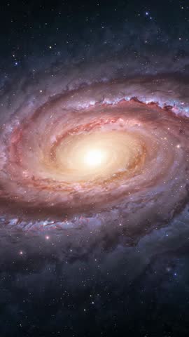 Vertical video showing spiral galaxy with luminous bulge and winding dust lanes