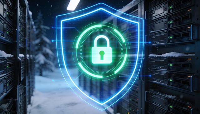 Shielding data center with neon holographic lock over snow-covered server racks cybersecurity