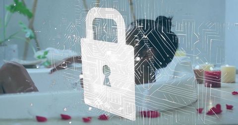 Woman relaxing in bath amid digital privacy overlay