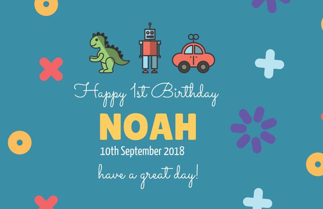 Celebrating a child's first birthday with a dinosaur, robot, car theme. Template features playful designs ideal for party invitations, greeting cards, social media posts, and announcements. Bright colors and fun elements make it perfect for a joyful and memorable event.