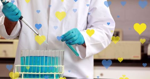 Scientist conducting experiment with ukraine colors overlay