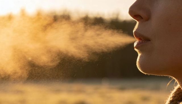 Sunlit breath in meadow close-up woman exhaling warm mist at sunrise