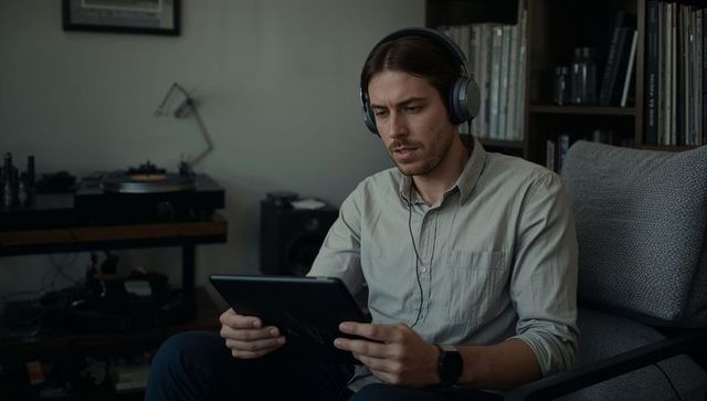 Young man listening with headphones using tablet in cozy home studio with turntable and vinyl