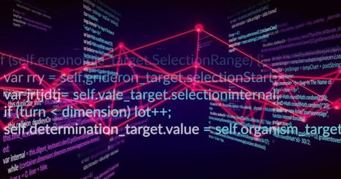 Glowing Network Graph with Code and Data Flow in Futuristic Cyberspace
