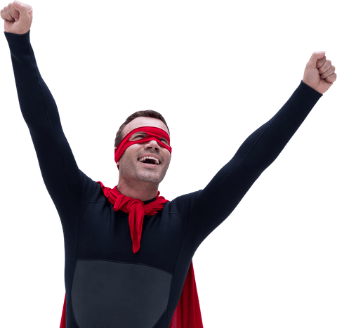 Transparent Superhero Raising Arms in Triumph Outdoors