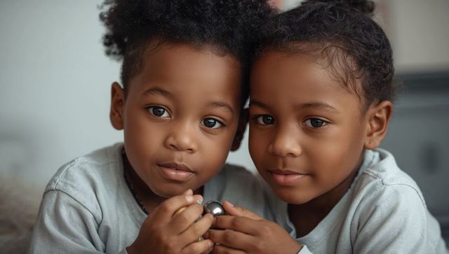 Two siblings holding shiny sphere close-up, curiosity and calm while examining toy
