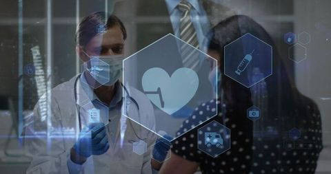Doctor conducting telehealth consultation using tablet with interactive health interface