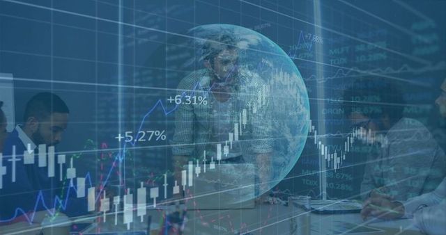 Business Team Analyzing Digital Financial Charts with Hologram Globe