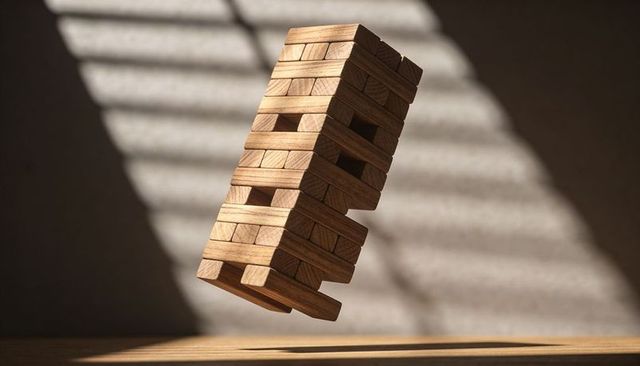 Tilting wooden block tower balancing midair under striped sunlight and falling blocks