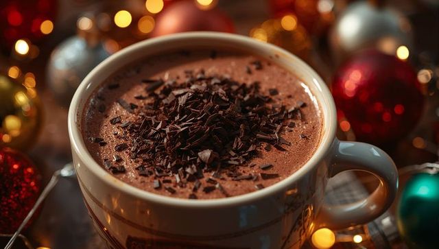 Hot chocolate with grated chocolate, festive christmas decor