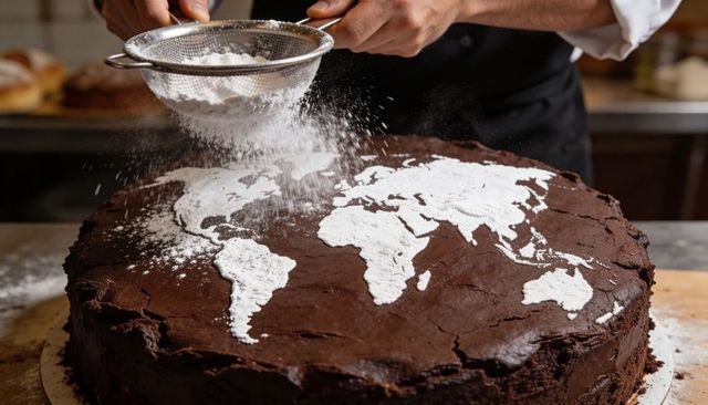Baker dusting chocolate cake with world map stencil using powdered sugar