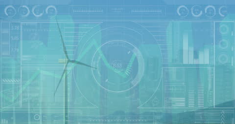 Futuristic Interface with Wind Turbine and Data Overlay