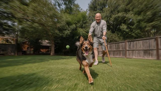 Senior Man Enjoying Outdoor Game with Dog in Lush Backyard