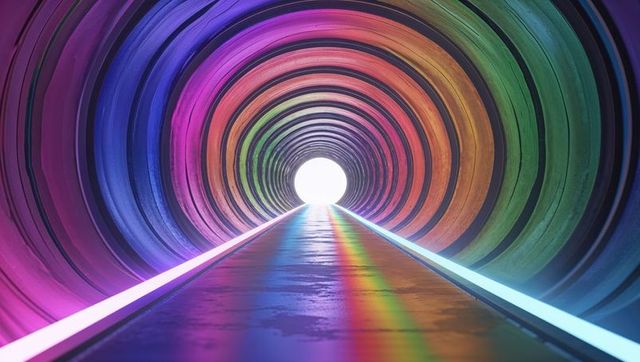 Futuristic neon tunnel with rainbow light and bright exit