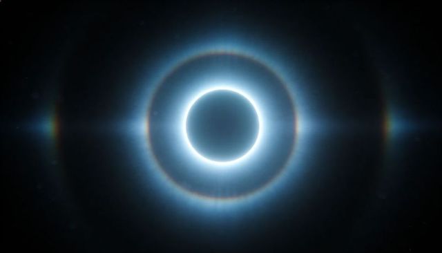 Ethereal solar eclipse ring with concentric halos, corona glow and twin lens flares