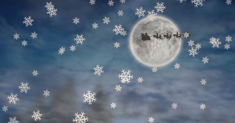 Santa and Reindeer Flying in Snowy Night Sky with Full Moon