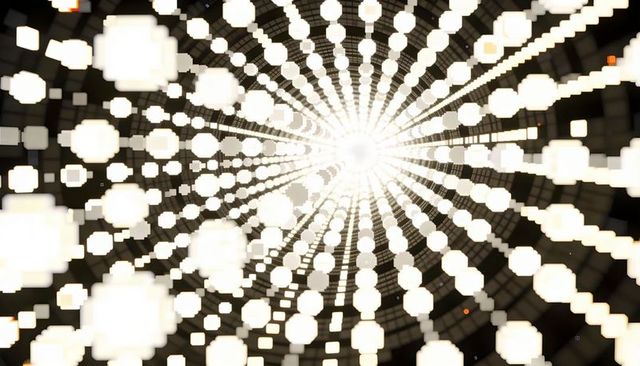 Glowing radial led chandelier illuminating atrium with suspended cubic lights