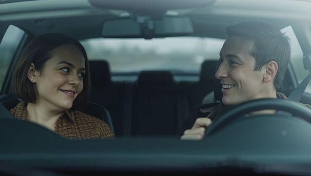 Couple sharing warm smile while driving, making eye contact in car front seats