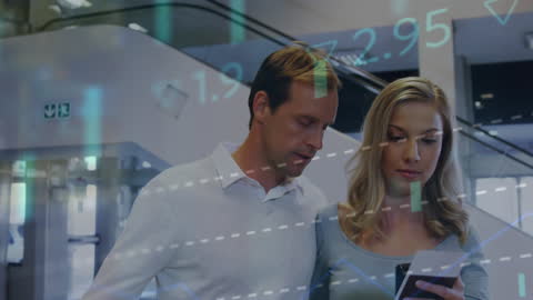 Happy Couple at Airport with Digital Financial Overlay