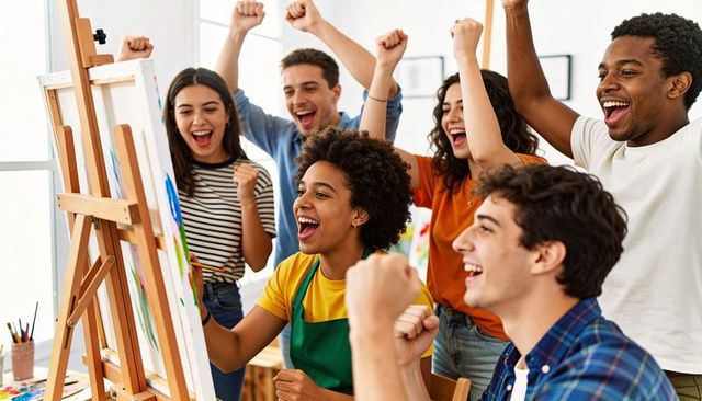 Students celebrating collaborative painting success during lively art workshop