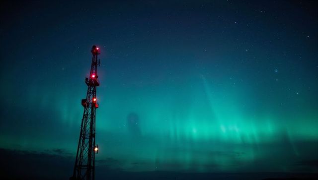 Steel lattice tower with red beacons under aurora borealis over remote plain at night