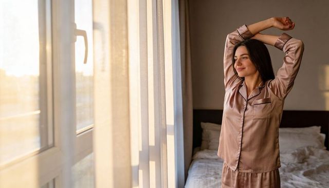 Sunlit morning stretching in satin pajamas by window with soft curtains and cozy bed