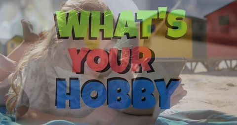 Girl Engaged with Tablet at Sunny Beach with Vibrant Text Overlay