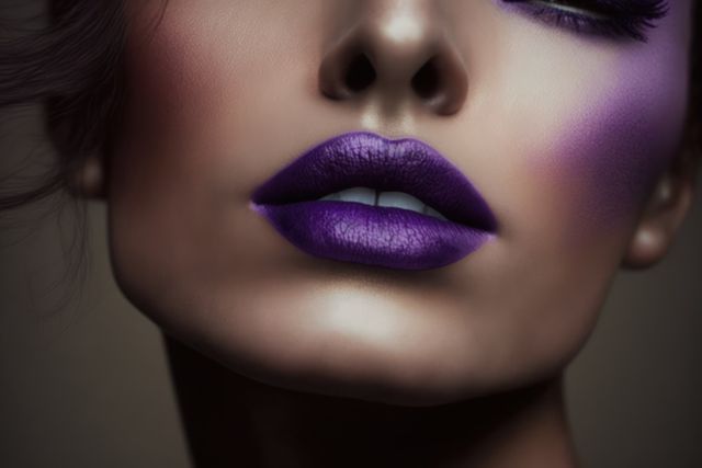 A captivating close-up of a woman showcasing bold purple lips and matching eye makeup. Her flawless skin and dramatic makeup are perfect for beauty and fashion campaigns, cosmetic product advertisements, blog posts on makeup trends, and editorial spreads in beauty magazines.