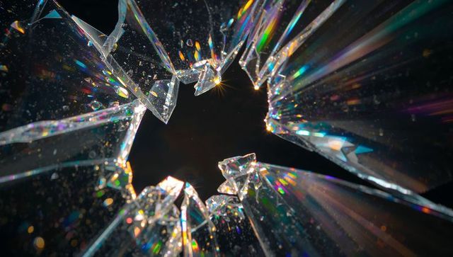 Shattering glass casting rainbow prism light through jagged crystal shards around dark void