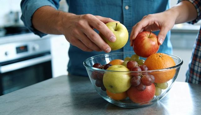 Couple placing apples into glass fruit bowl on modern kitchen countertop for healthy snack