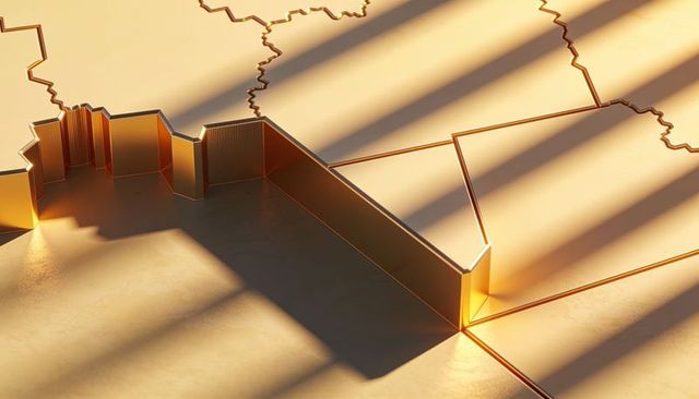 Gold relief map panel casting long shadow bands over brushed metallic surface abstract topography