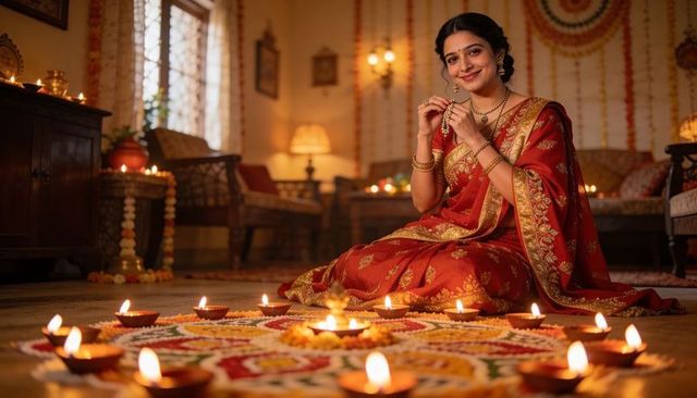 Smiling woman in red saree lighting diyas around colorful rangoli for diwali celebration