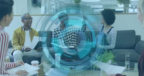 Team Collaborating with Modern Analytics Interface in Office