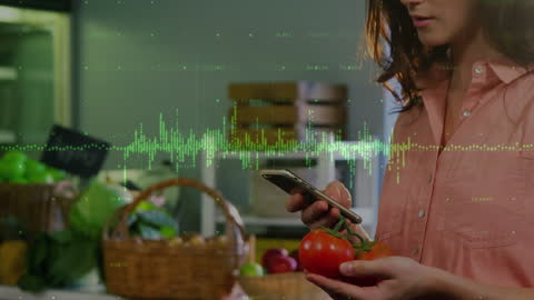 Woman Using Smartphone for Grocery Shopping in Market