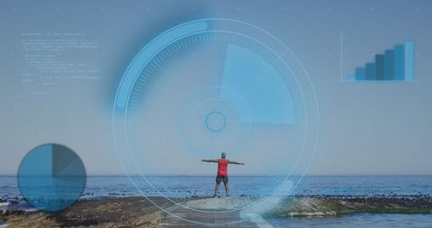 Digital Interface Overlay Man Enjoying Ocean View