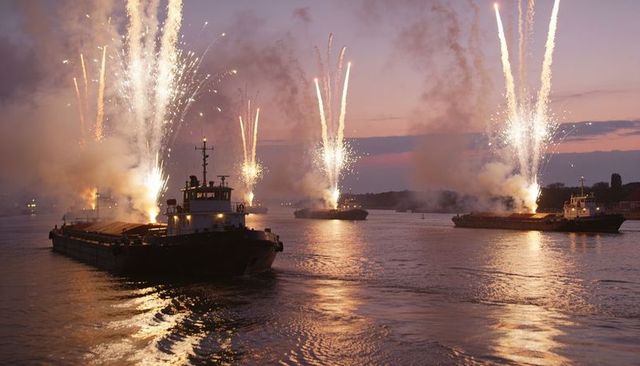 Cargo barges celebrating fireworks at dusk on river, harbor twilight reflections and smoke