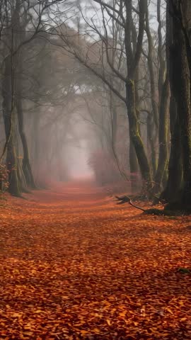 Vertical video showing leaf-strewn forest trail vanishing into pale fog with mossy trunks