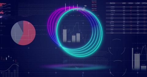 Futuristic financial digital interface with neon circles
