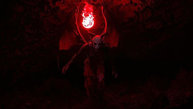 Red-Lit Winged Demon in Subterranean Darkness