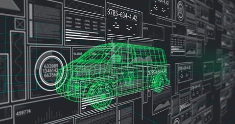 Neon green 3d wireframe van rotating on virtual dashboard with analytics and telemetry