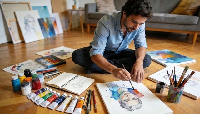 Male artist painting watercolor portrait on wooden floor surrounded by brushes and tubes